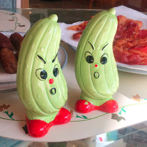 Vintage anthropomorphic pickle salt and pepper shakers Made in Japan